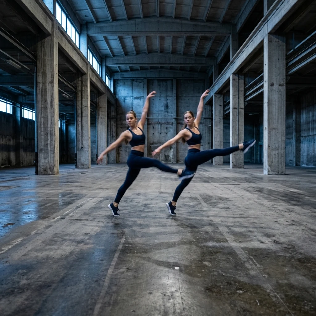 Identical female twins in their twenties performing a synchronized dance move in an empty…