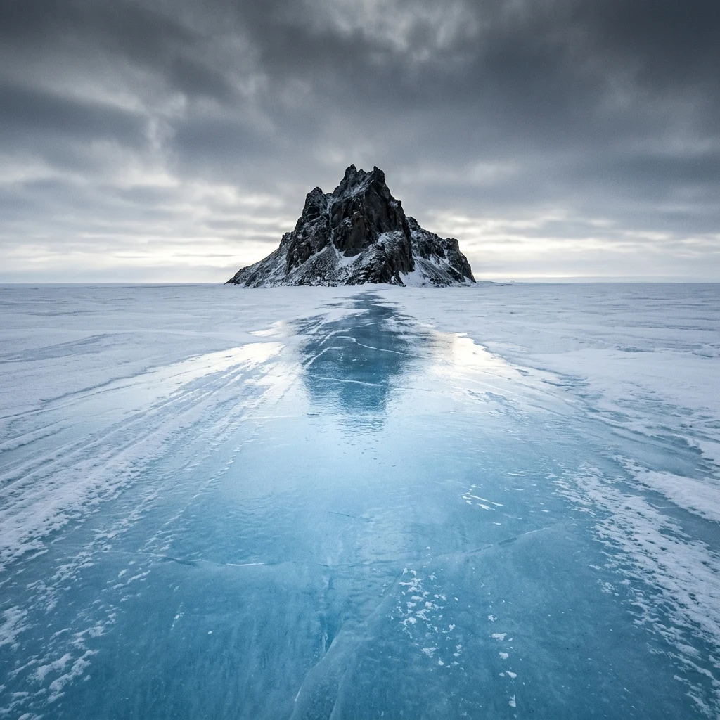 A wind-scoured nunatak rising above the featureless white expanse of the Transantarctic…