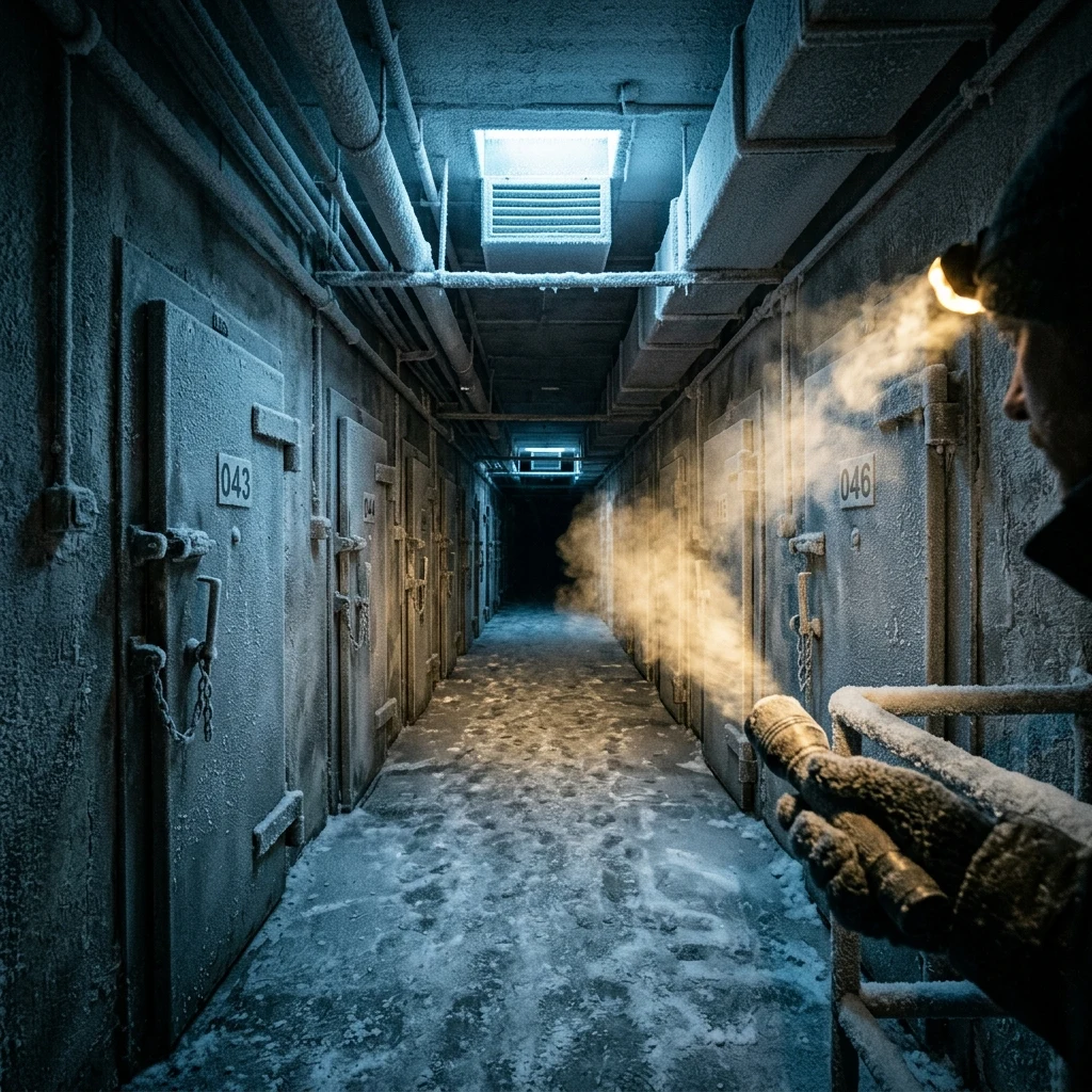 A frost-rimed cold storage bunker corridor