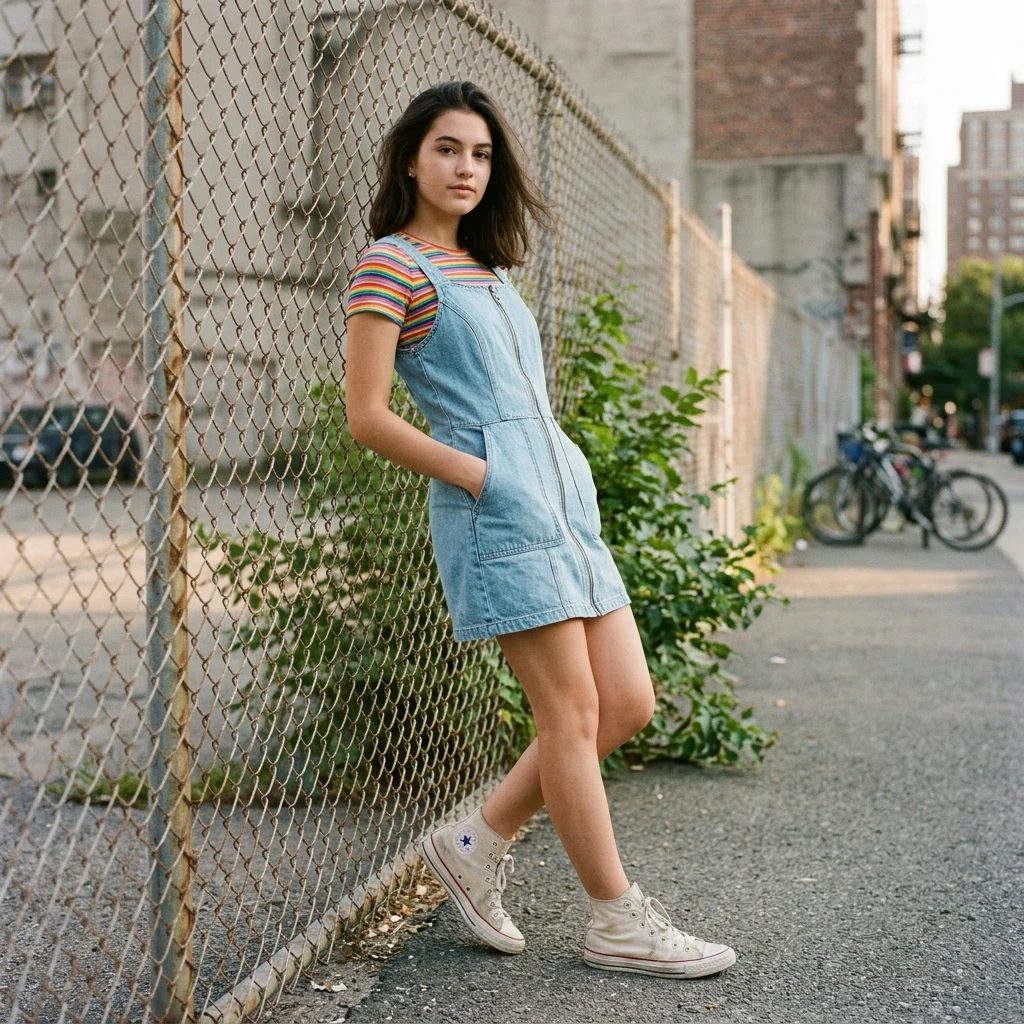 Casual denim style by a chain link fence