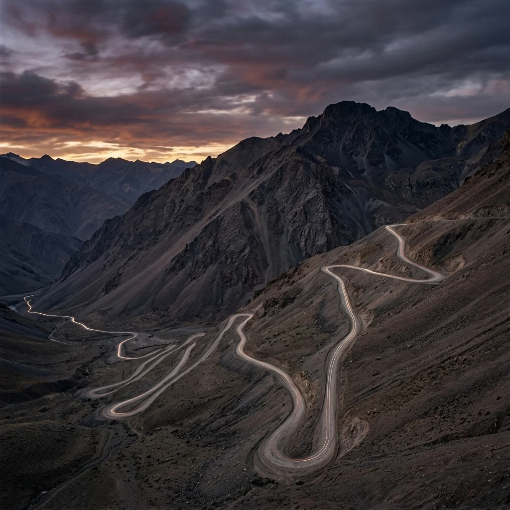 A wide-angle 4x5 large-format view of winding dirt switchbacks climbing up a barren…