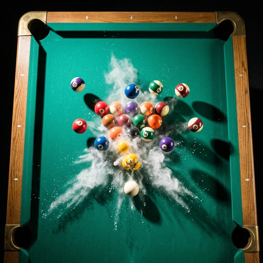 An overhead view of a rack of pool balls breaking on green felt