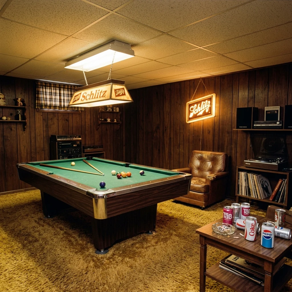 A 1970s suburban rec room basement with a felt-topped bumper pool table