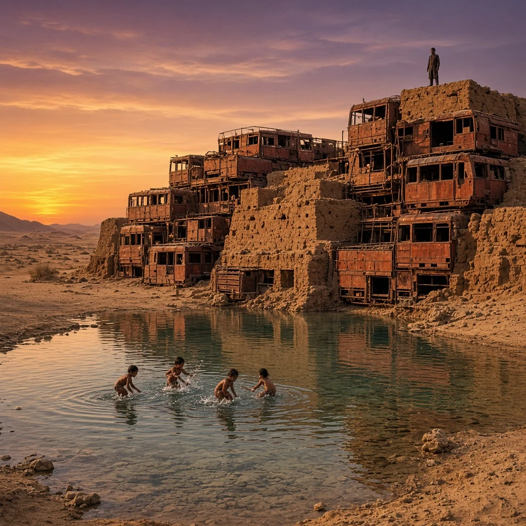Children playing at a desert oasis settlement