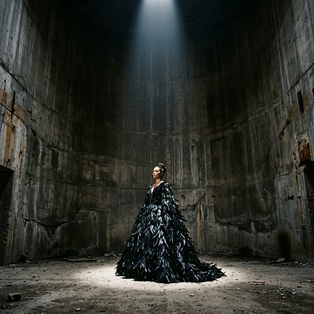 A dramatic high-fashion couture gown made of laser-cut black feathers