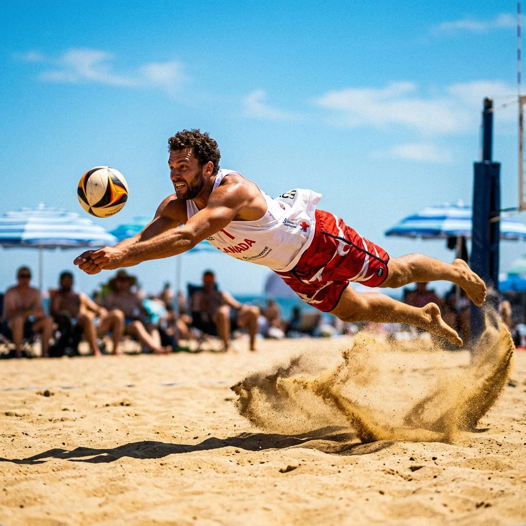 A male beach volleyball defender in red-and-white trunks diving sideways onto the court
