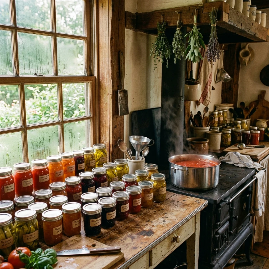 A farmhouse kitchen at canning season