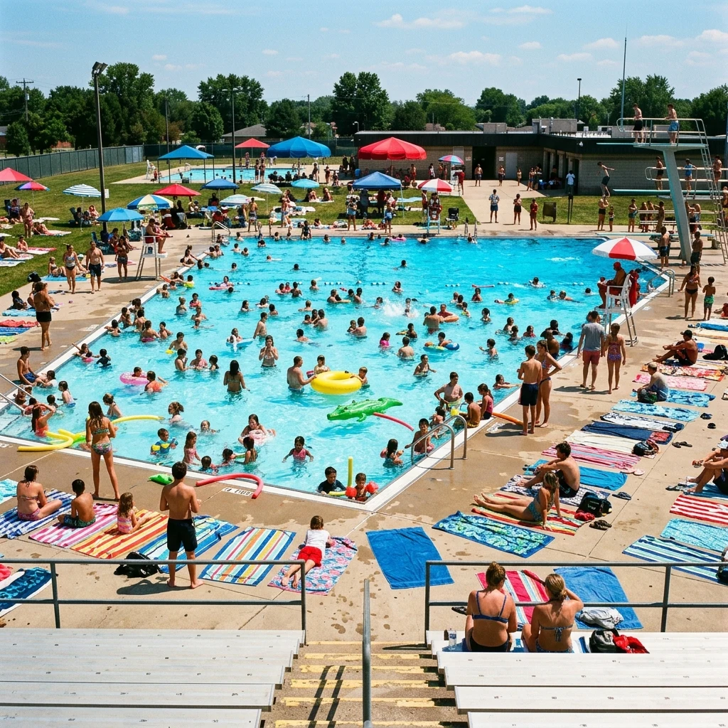 A public municipal pool on the first hot day of summer