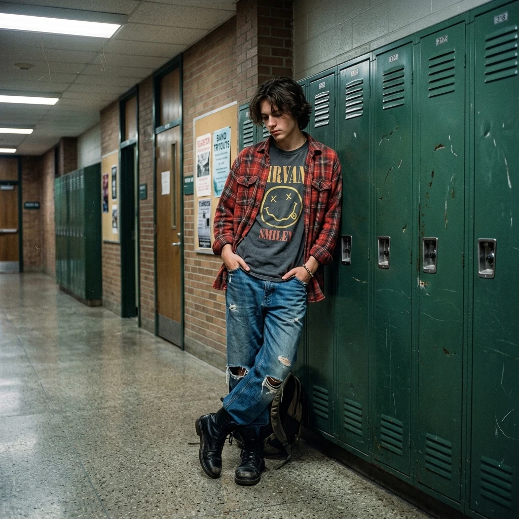 A teenage boy in a faded baggy grunge flannel over a vintage graphic band tee