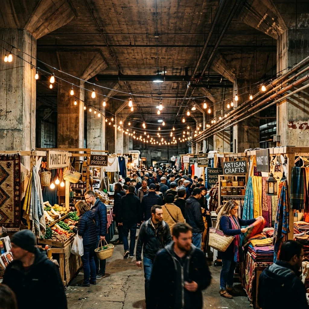 A vast subterranean concrete bunker hall converted into a thriving underground market