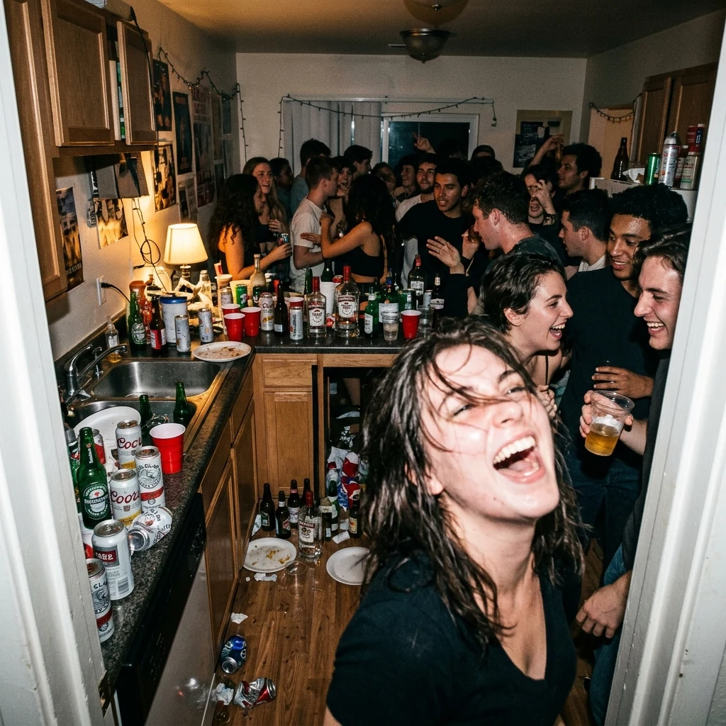 A house party kitchen at 1 a.m. on direct flash