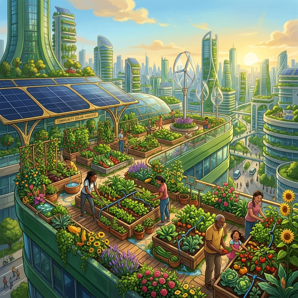 Sustainable rooftop garden above a city