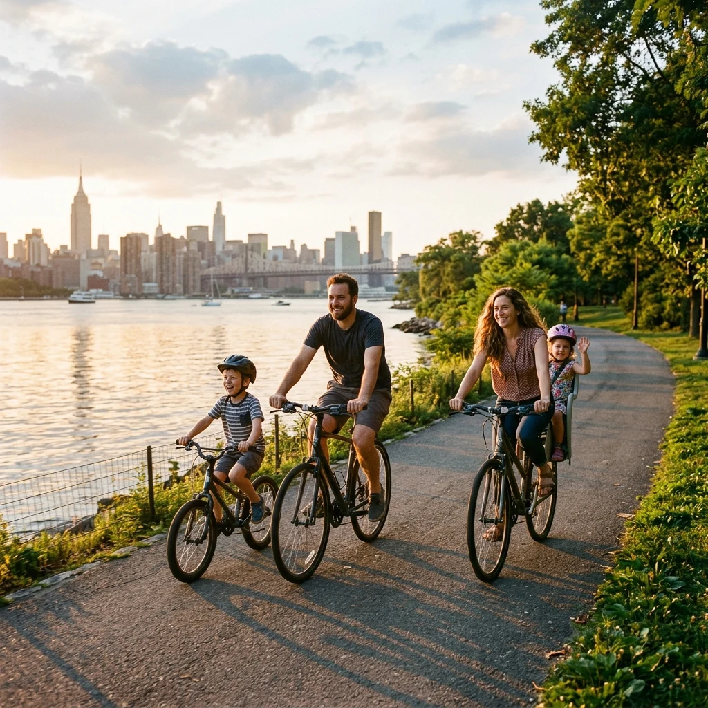 Family cycling together in a sunny park