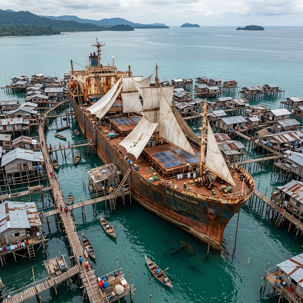 An aerial view of a stilt village surrounding a partially submerged cargo ship