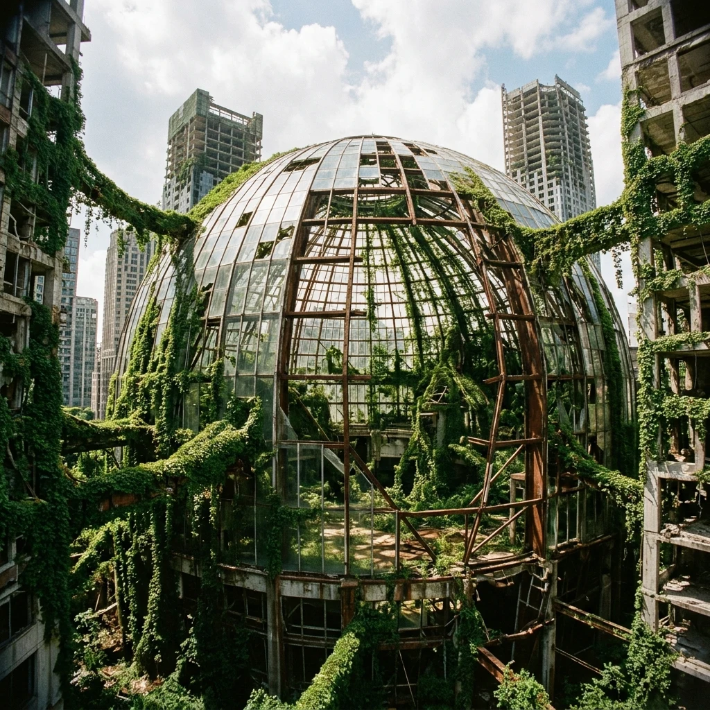 An overgrown botanical garden dome where wild ivy and kudzu vines have bridged the gap…