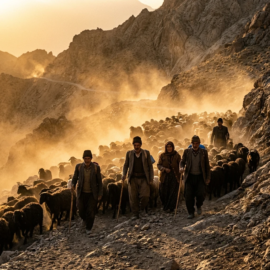 Nomads herding sheep through a mountain pass
