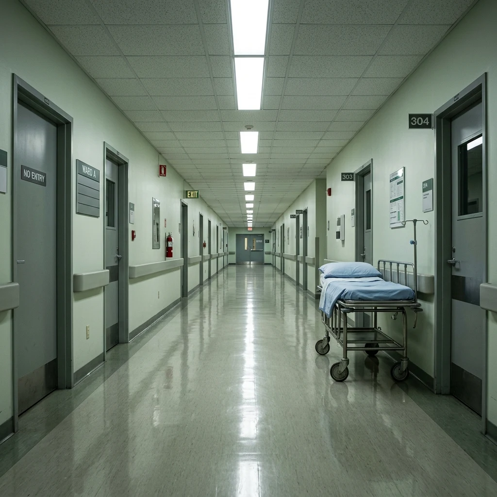 A hospital corridor at night photographed on a wide lens