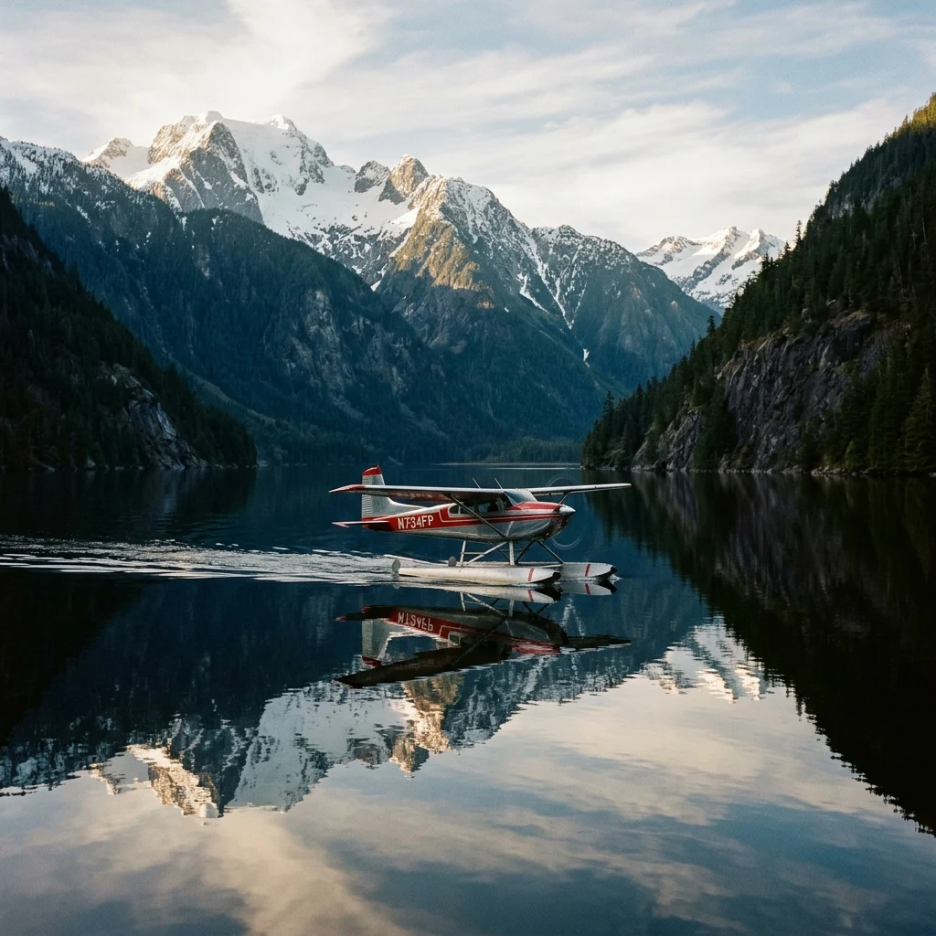 A floatplane landing on a mirror-still fjord surrounded by the sheer