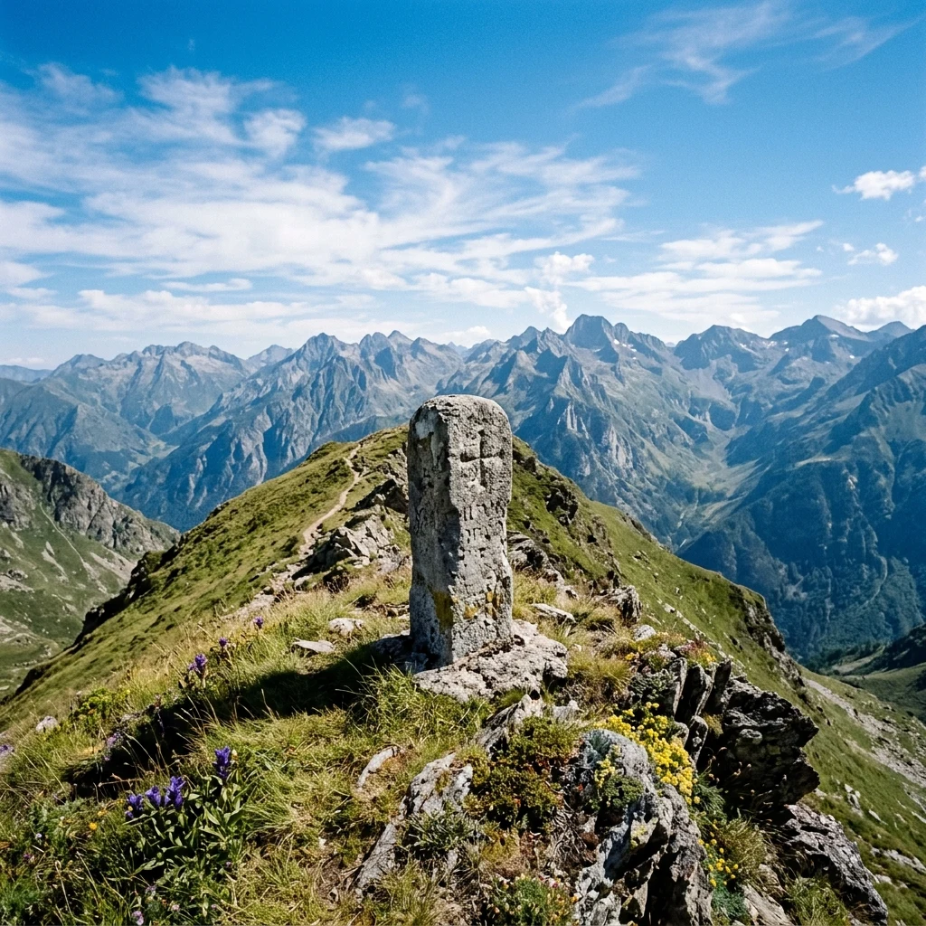 Stone marker on a grassy mountain ridge