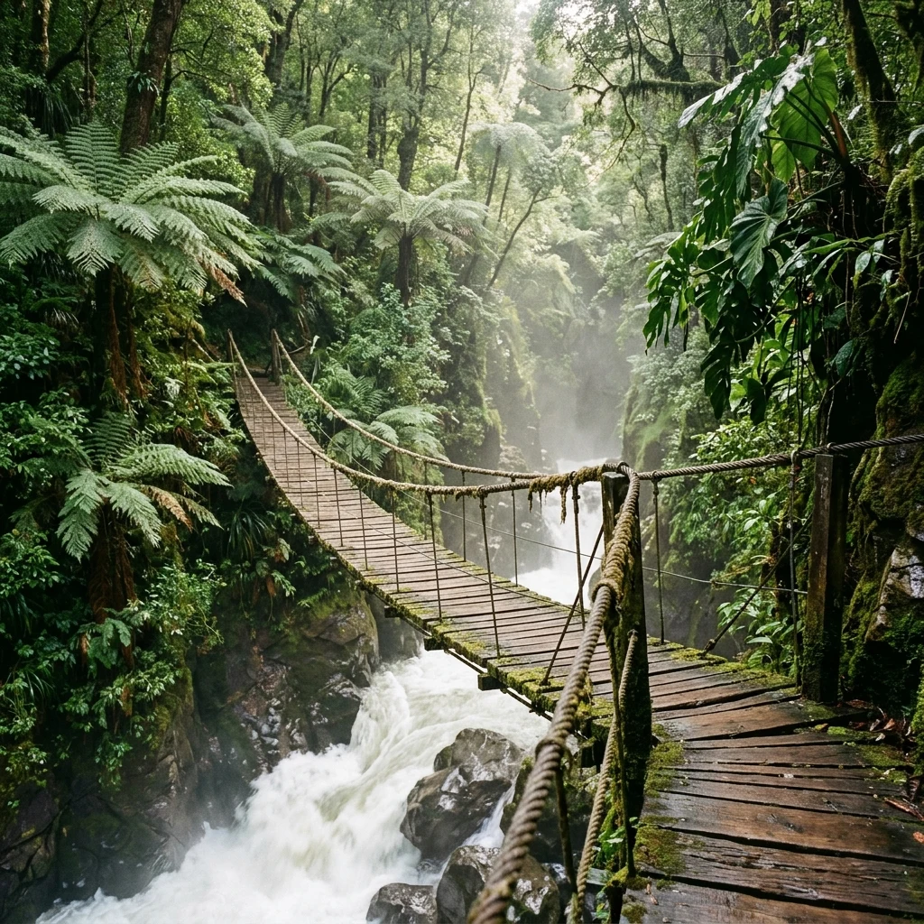 Wooden bridge over a lush rainforest river