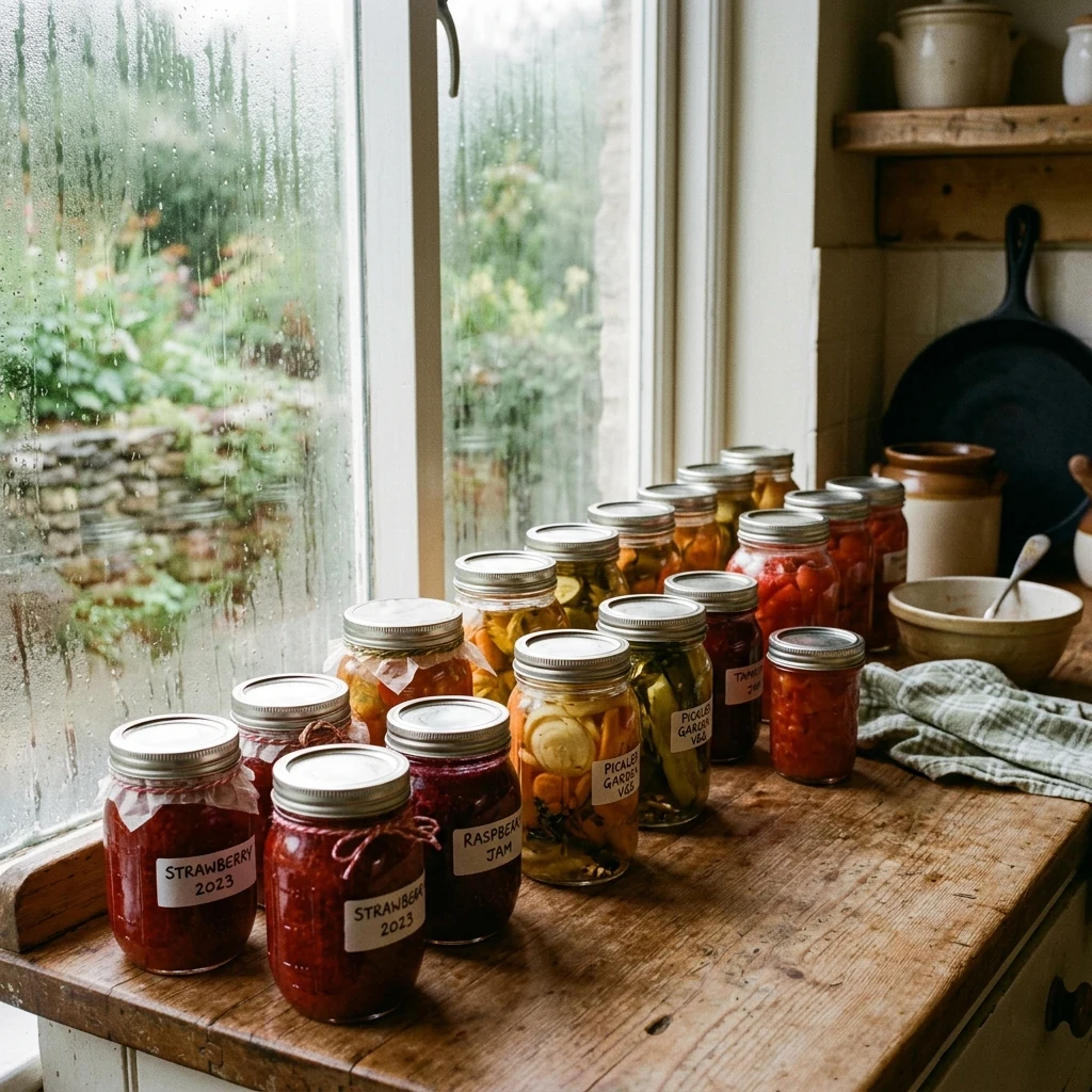 Glass jars of preserves on a kitchen counter