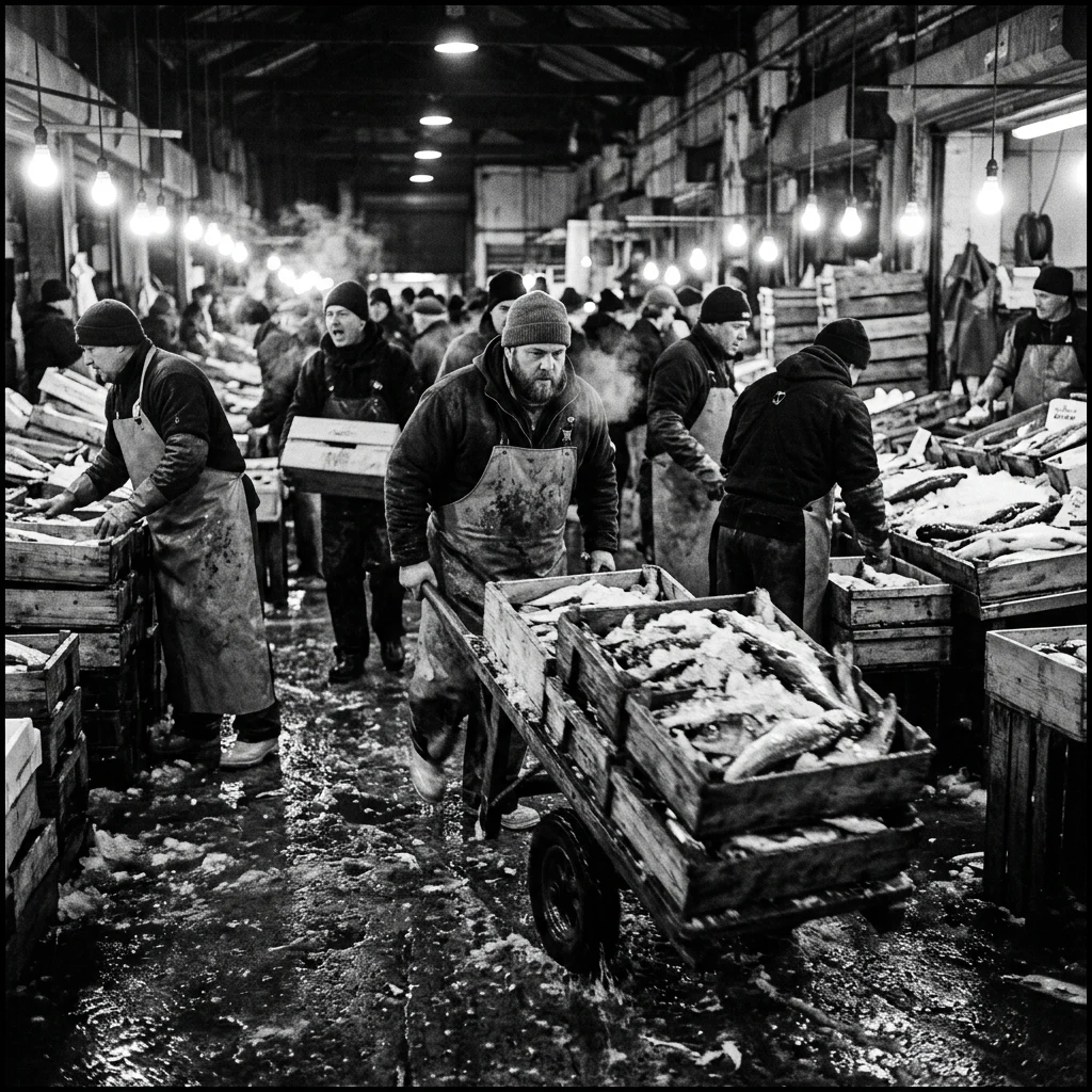 A pre-dawn fish market in Tsukiji with workers maneuvering wooden crates over wet concrete