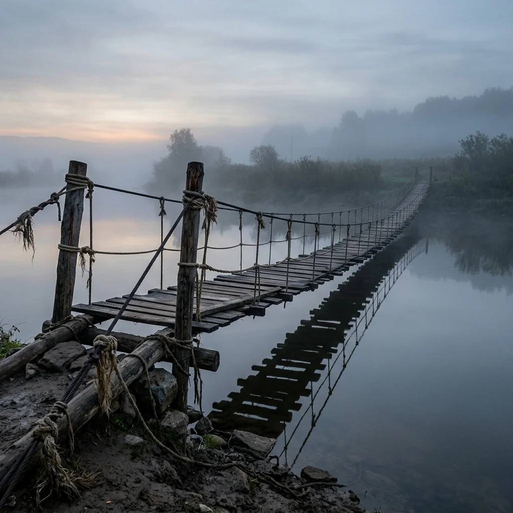 A collapsed bridge span rebuilt in rope and planking