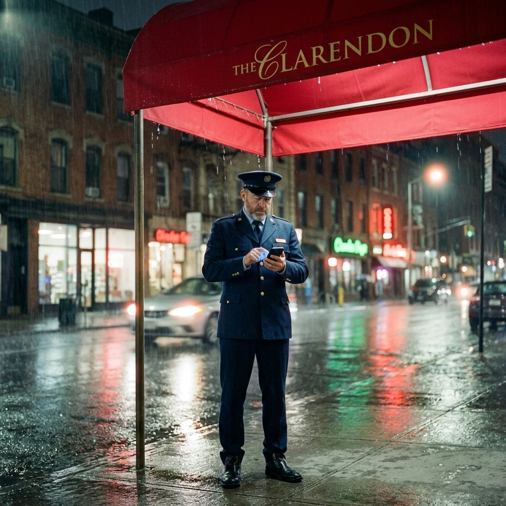 Doorman standing under a red awning at night