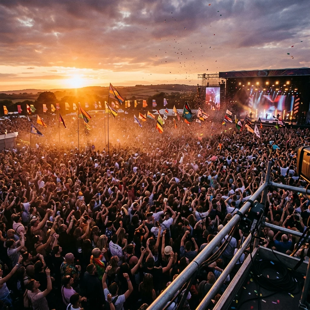 A music festival crowd shot from the sound tower at sunset