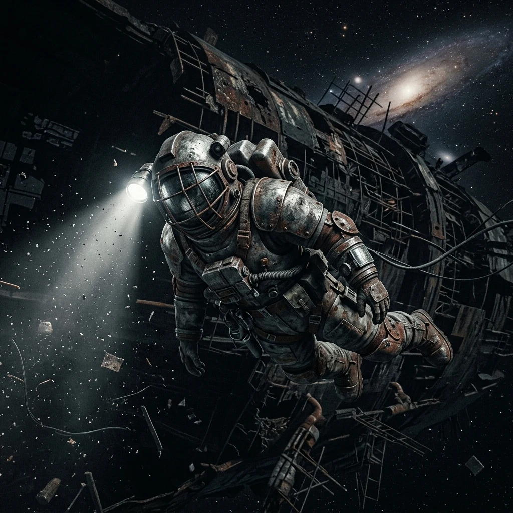 Salvage diver floating in deep space