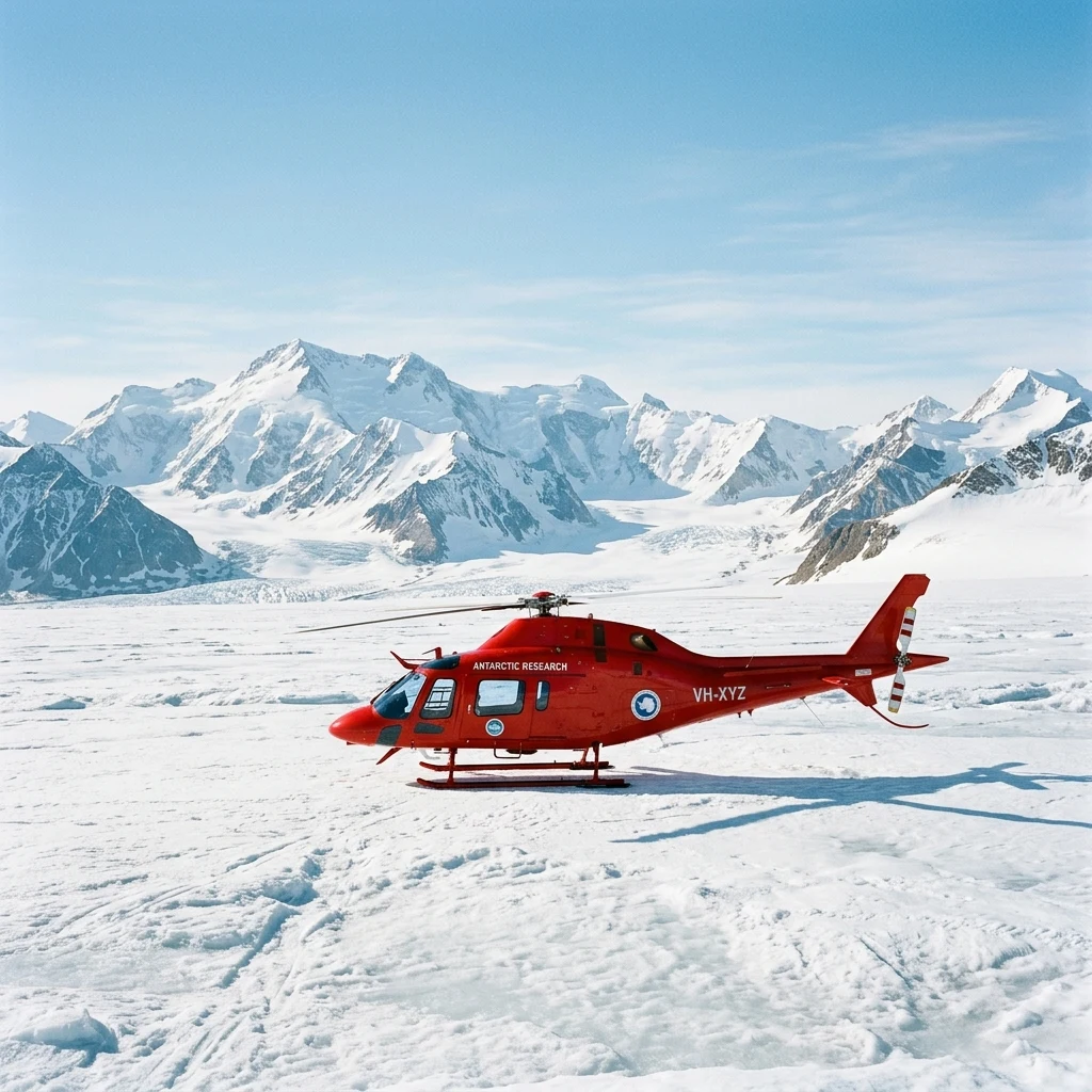 A polar research helicopter parked on a flat glacier in the Transantarctic Mountains