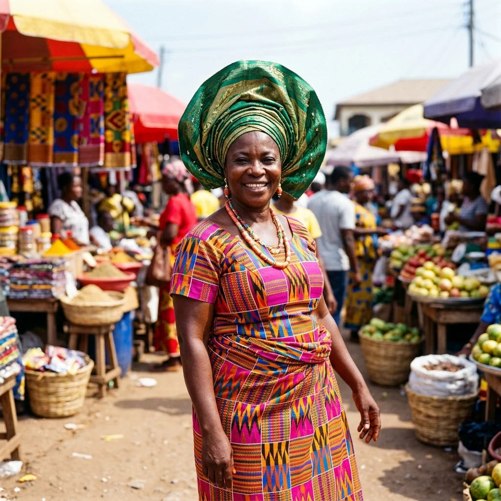 A West African woman wearing an ornate