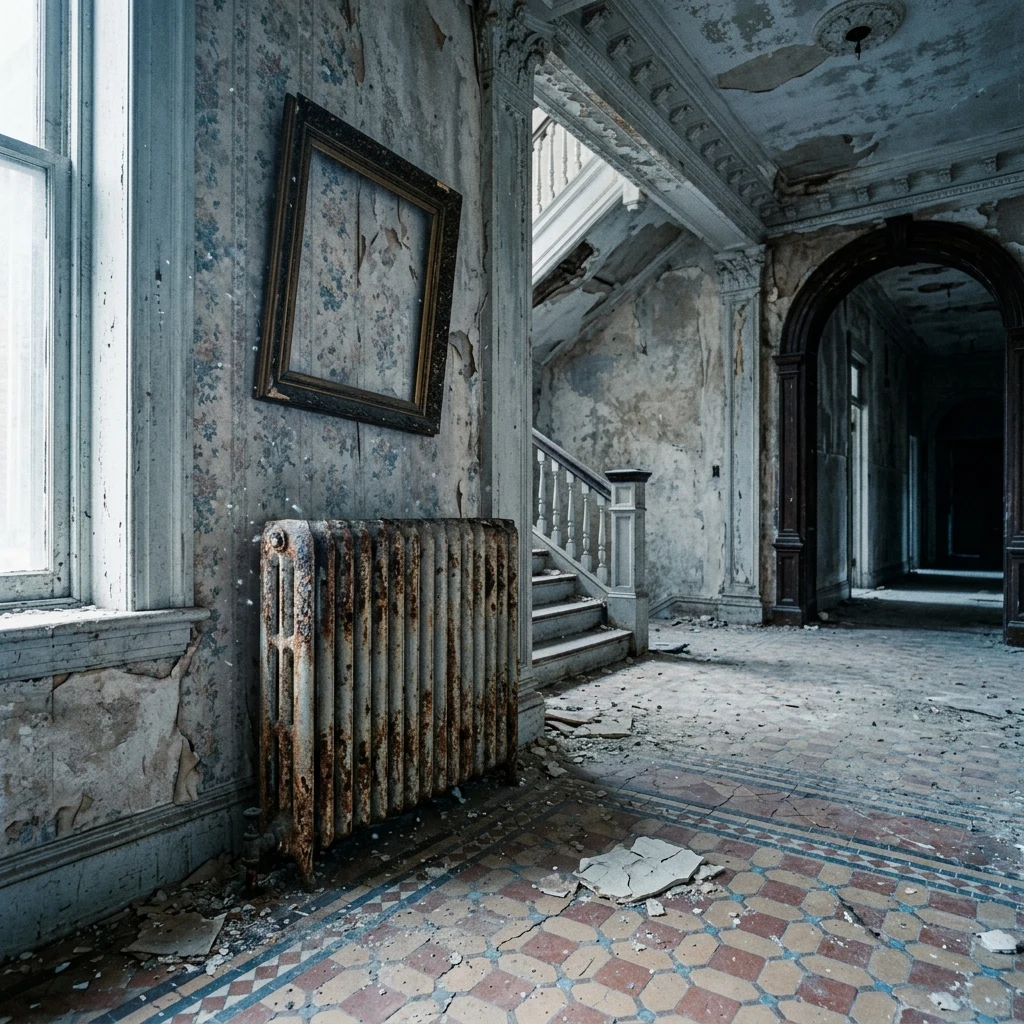 Sunlight streaming into an empty mansion foyer
