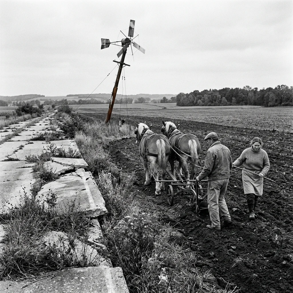 Post-apocalyptic homesteaders plowing a field using a team of draft horses beside a…