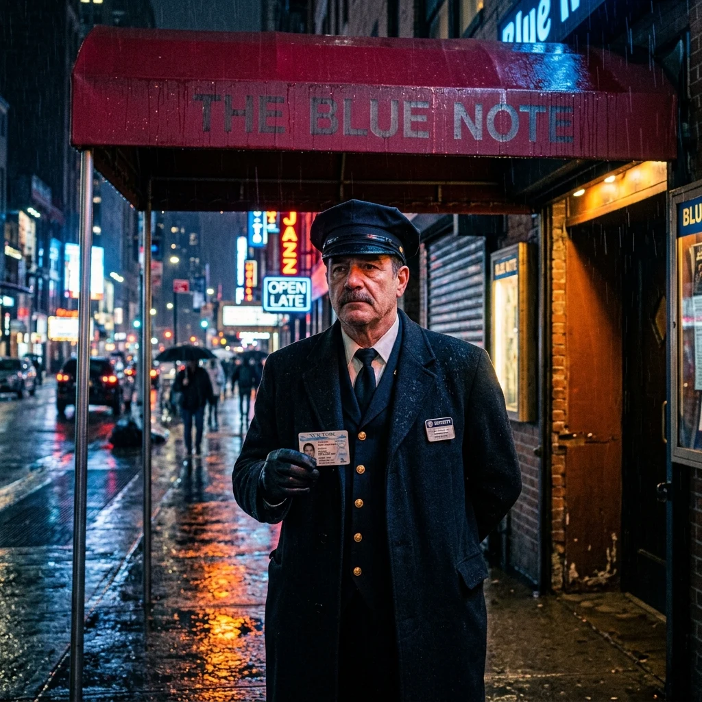 Doorman standing in the rainy city night