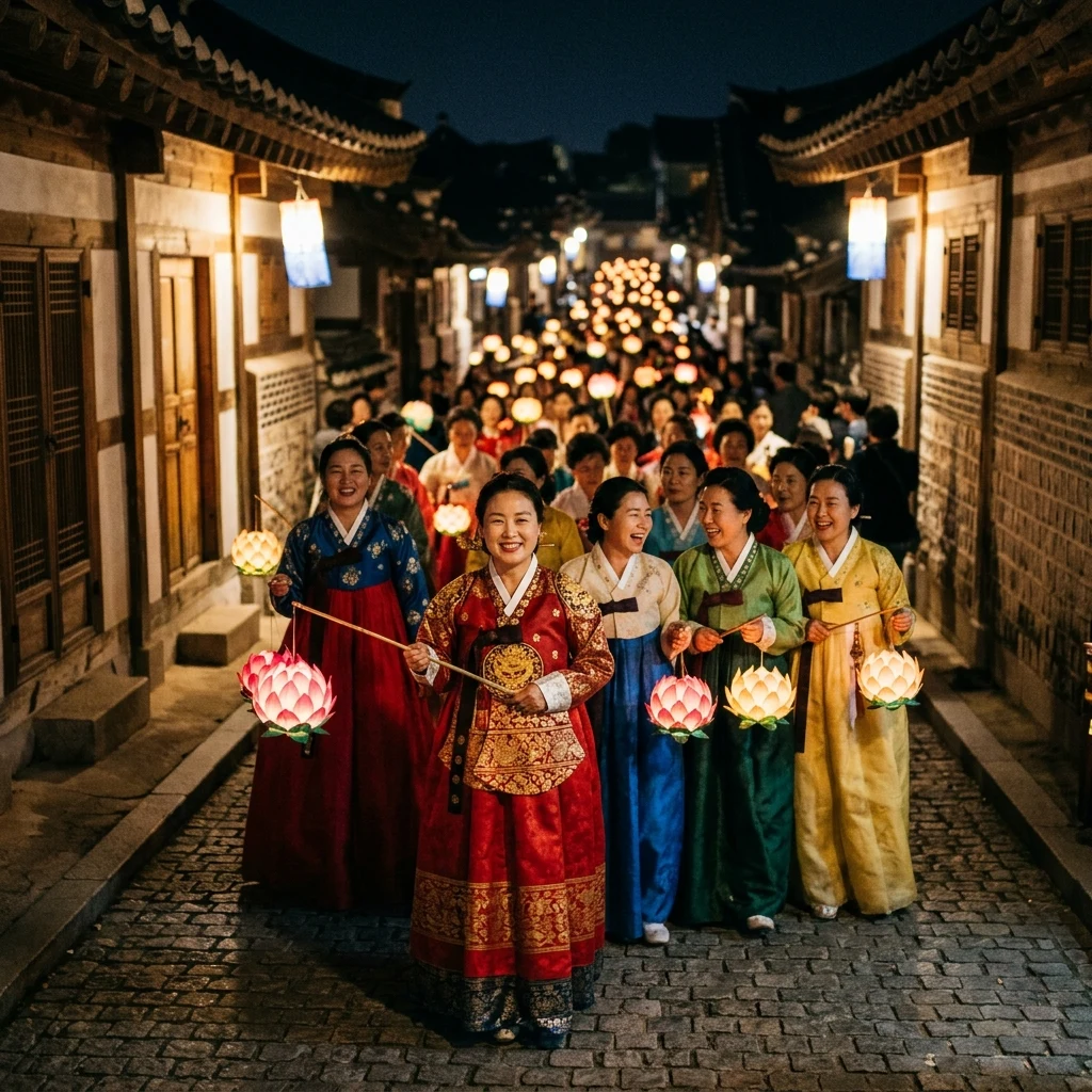 A traditional lantern procession through an ancient town in South Korea