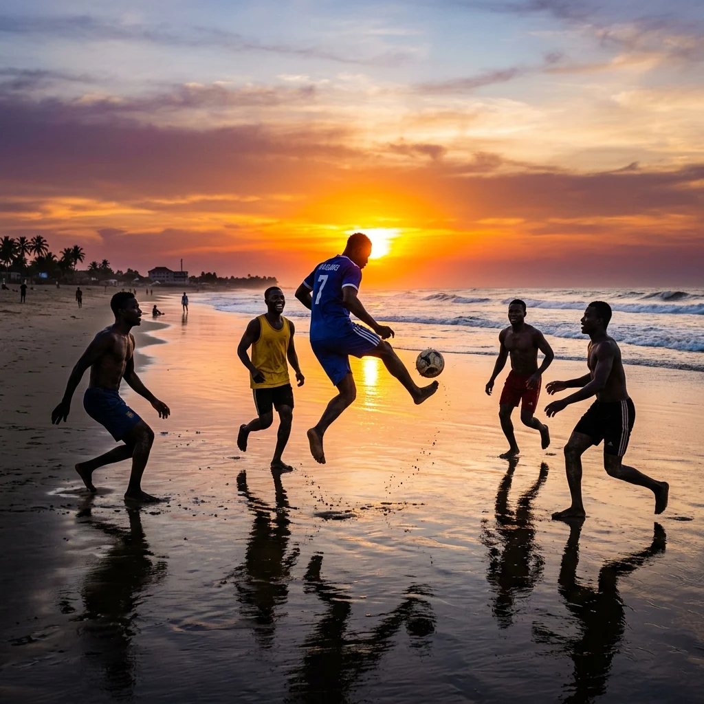 A group of friends playing beach football on the wide sands of Grand-Bassam