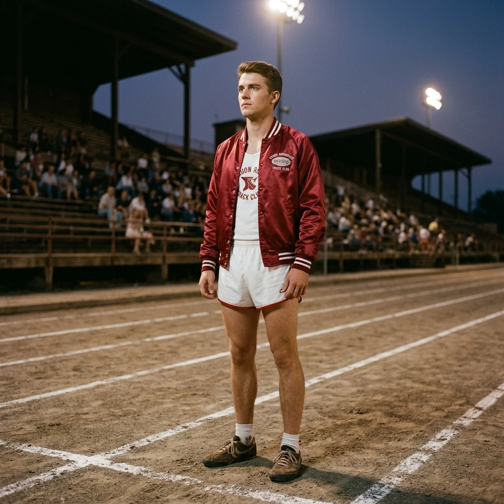 A 1960s track athlete in a satin zip-up warmup jacket with contrast sleeve stripes