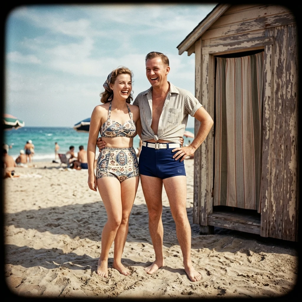 Couple on a sunny beach in vintage swimwear