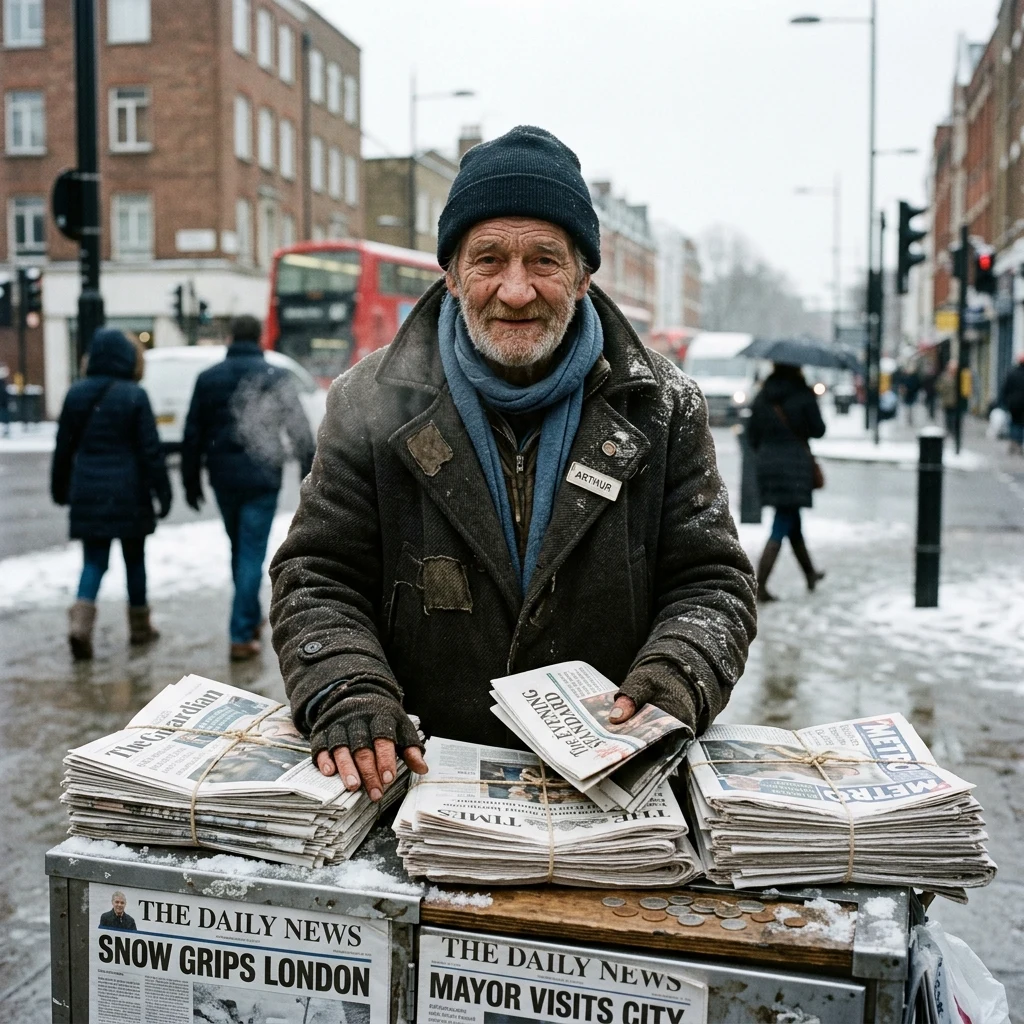Newspaper vendor on a cold city street