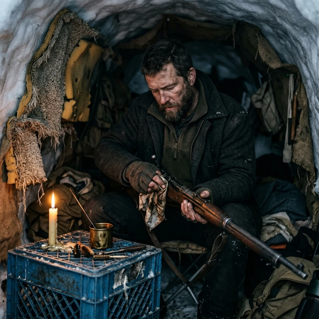 Cleaning gear inside a snowy cavern