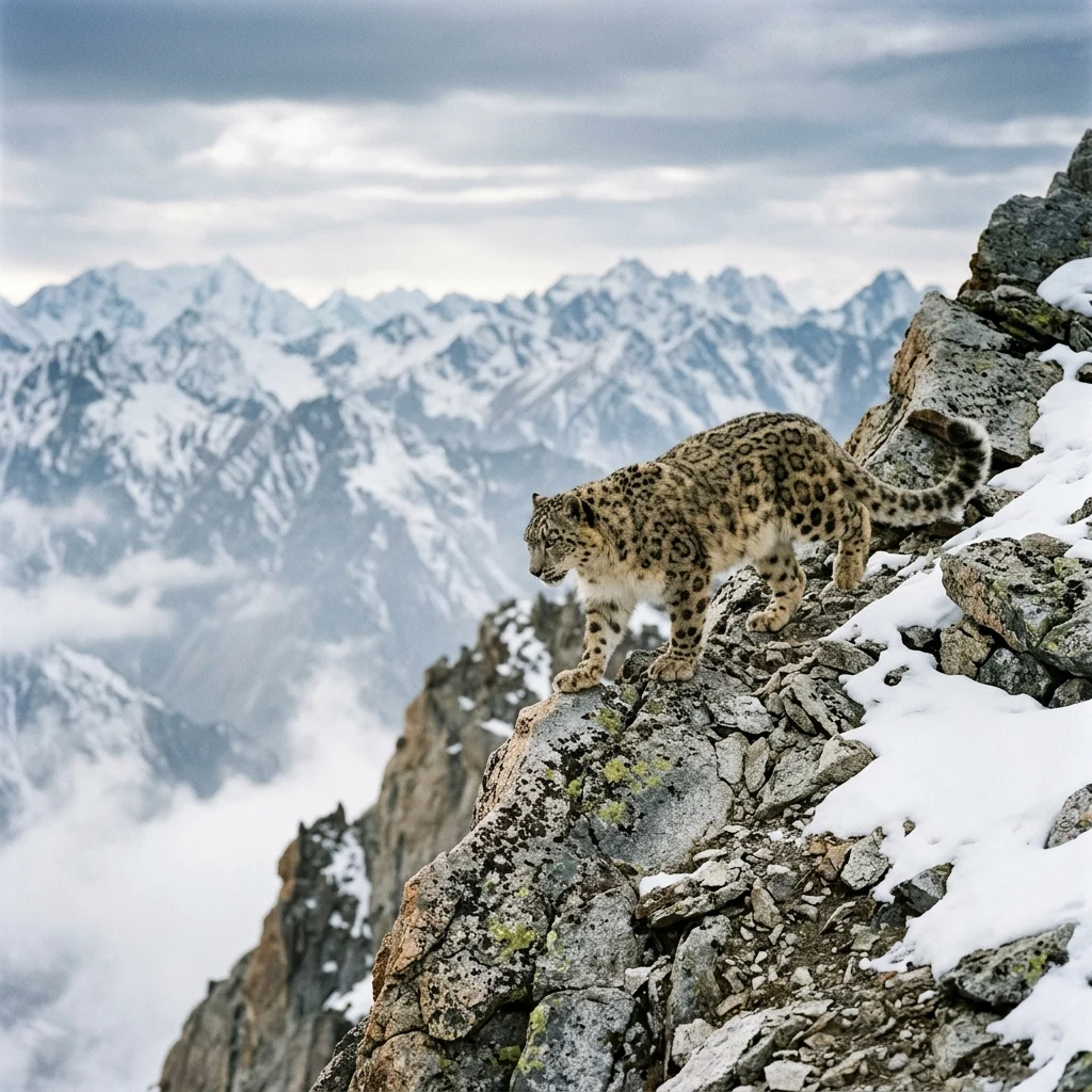 Snow leopard walking along a mountain ridge