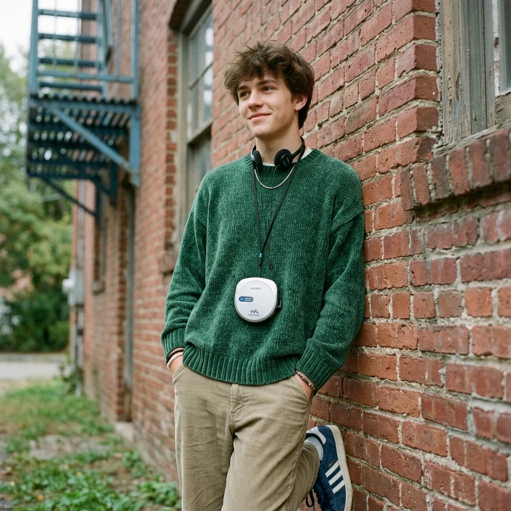 Person in green sweater with portable music player