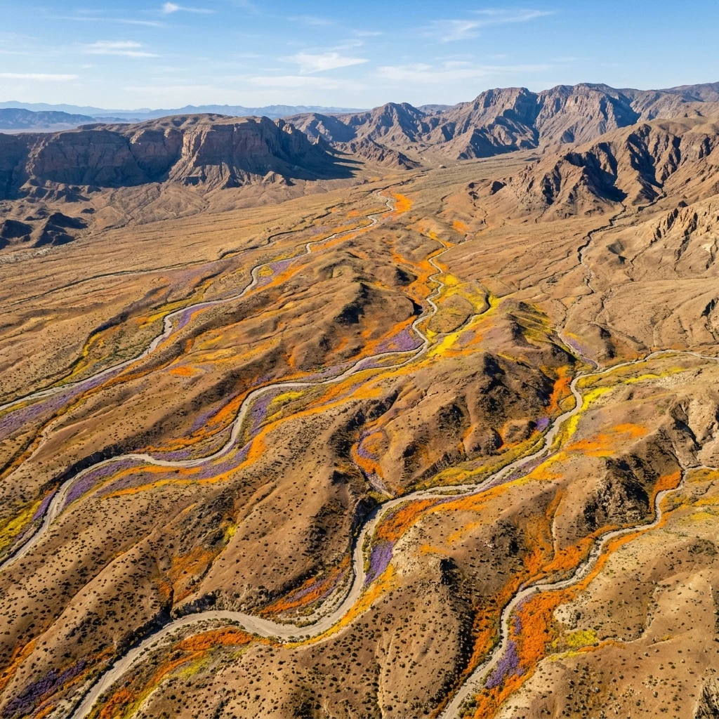 A desert superbloom photographed from altitude by drone