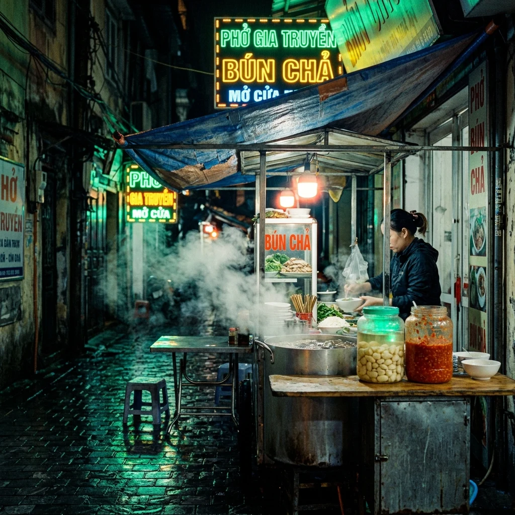 Street food cart in a rainy alleyway