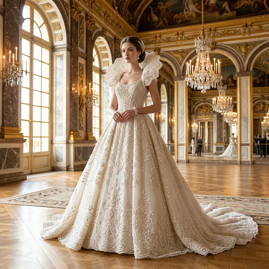 Elegant pearl gown in a mirrored hall