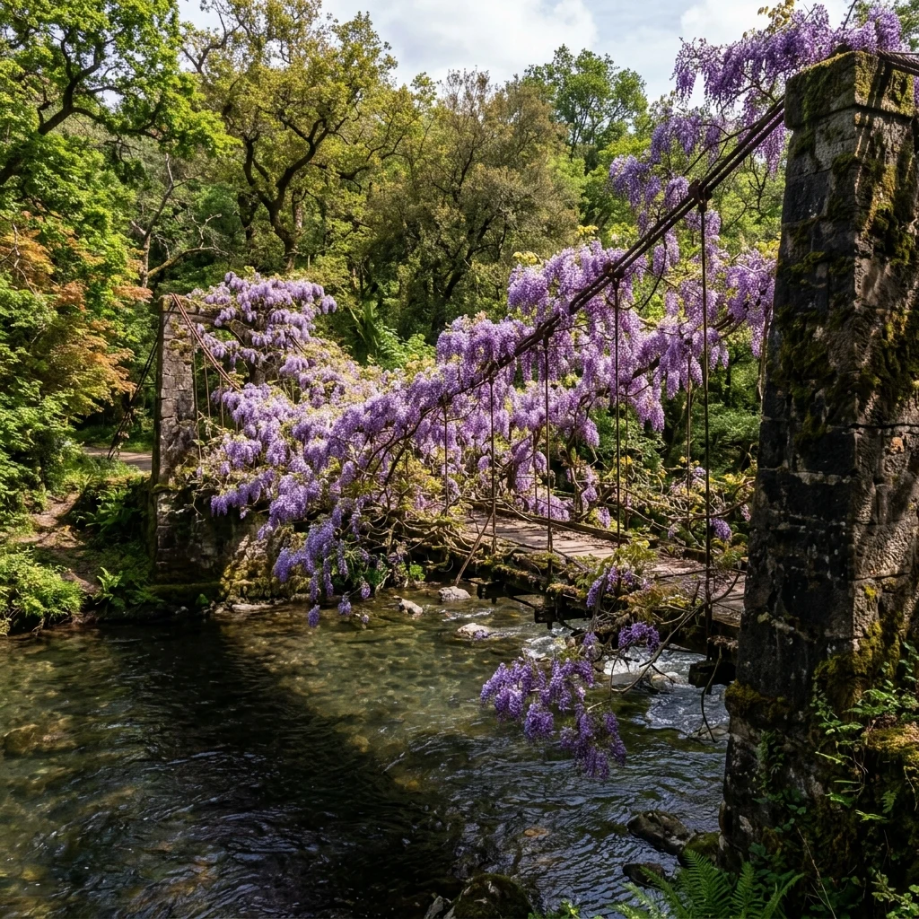 A suspension bridge wrapped entirely in thick wisteria vines