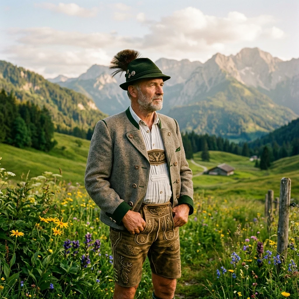 Traditional attire in a mountain pasture