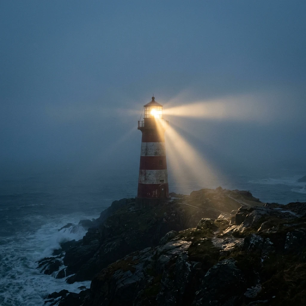 A solitary red-and-white striped lighthouse on a rocky headland at blue hour