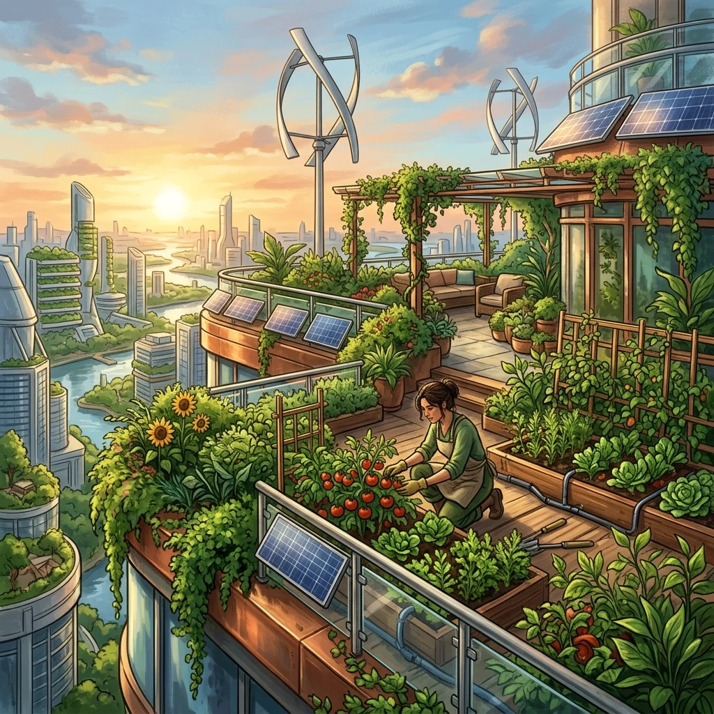 Gardening on a sunny skyscraper rooftop